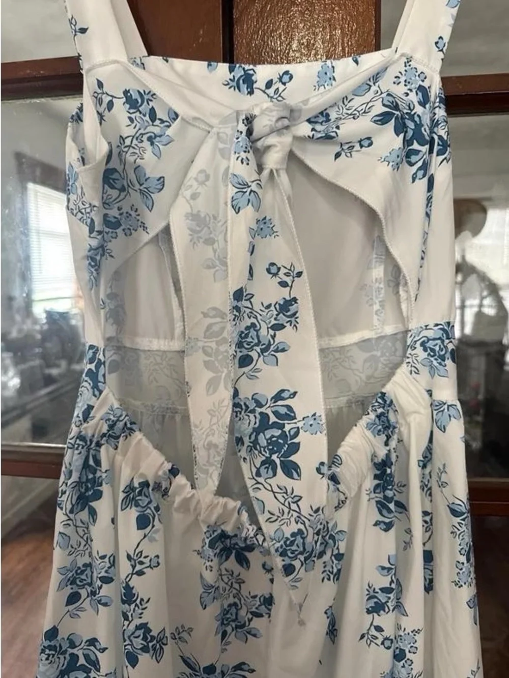 White Maxi Dress with Blue Floral Print — Sleeveless Tiered Summer Dress